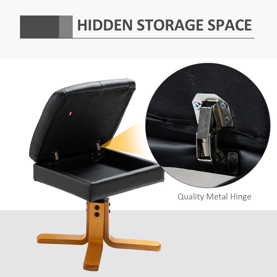 image 1 of HOMCOM PU Leather Swivel Recliner Chair with Footstool, Wooden Base and Storage for Living Room, Black