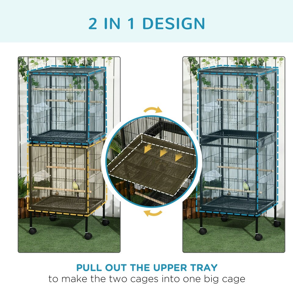 image 1 of PawHut 2 In 1 Large Bird Cage Aviary with Wheels, Slide-out Trays Wood Perches