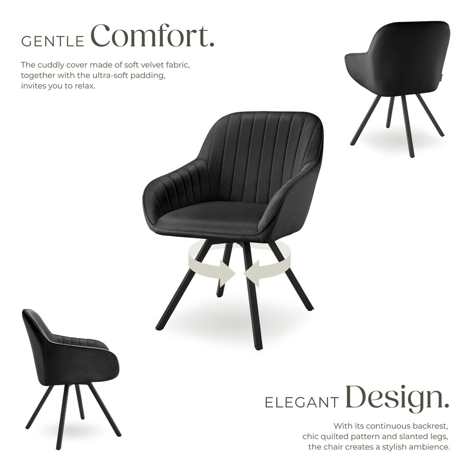 image 1 of Lounge Armchair Living Room Accent Chair 360 Swivel Slim Steel Legs Velvet Fabric - Set of 4 Black