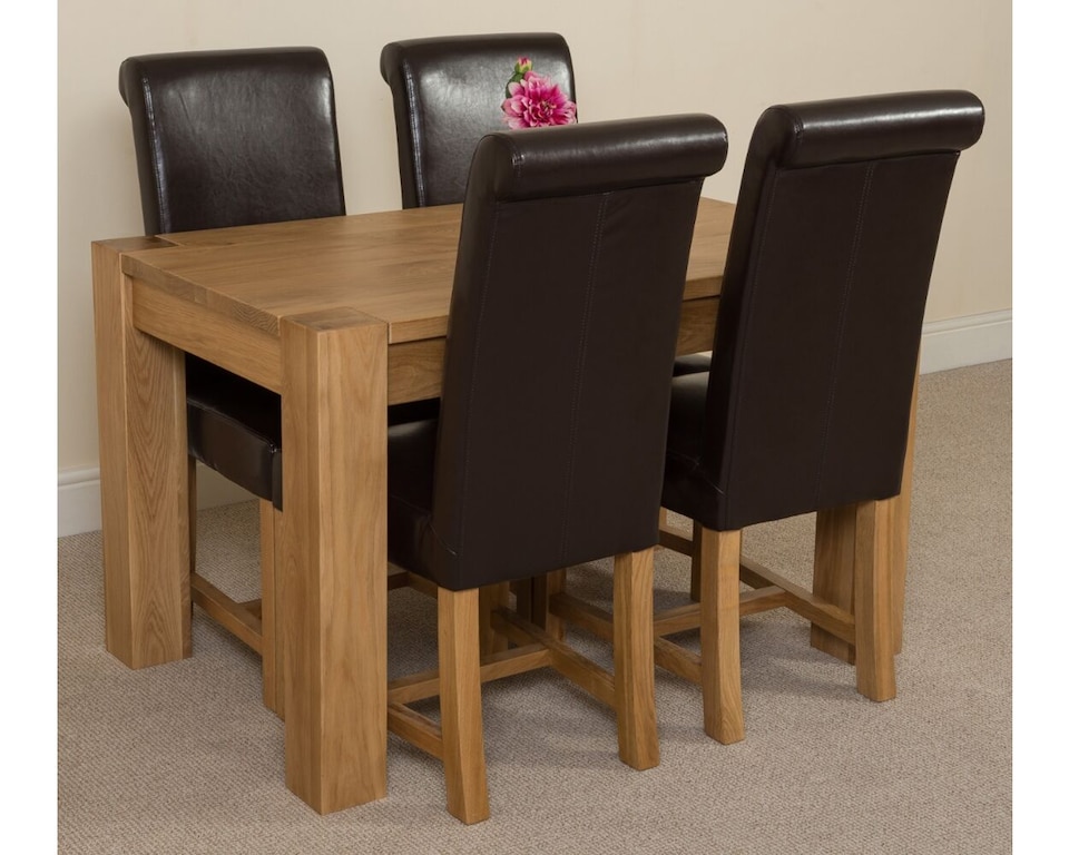 image 1 of Kuba 125x80cm Chunky Oak Small Dining Table and 4 Washington Leather Chairs | Brown | Brown