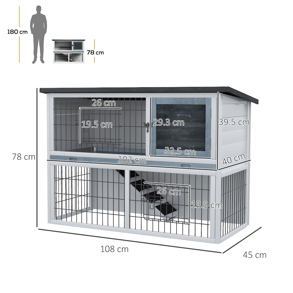 image 1 of PawHut Rabbit Hutch, Bunny Cage 2-Tier Wooden w/ Openable Roof Outdoor Grey