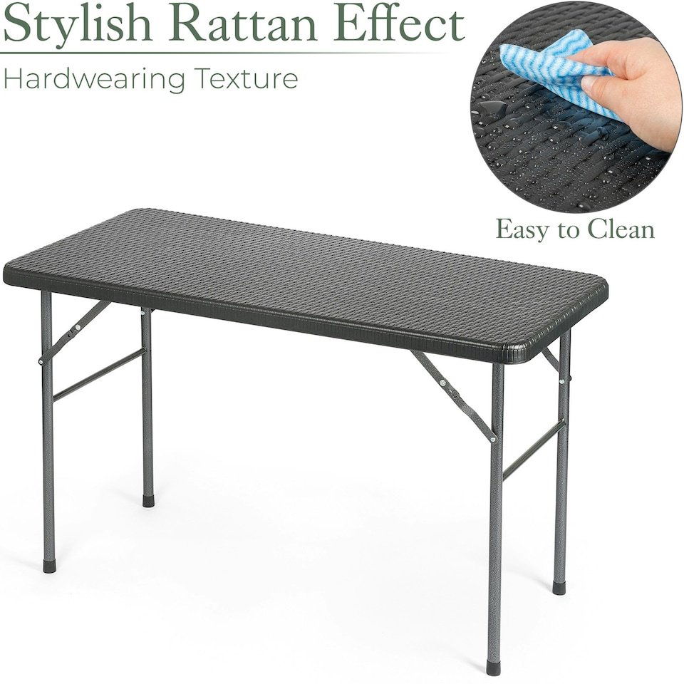 image 1 of Christow Folding Garden Table Rattan Effect Outdoor Camping Dining 4 Seater 4ft