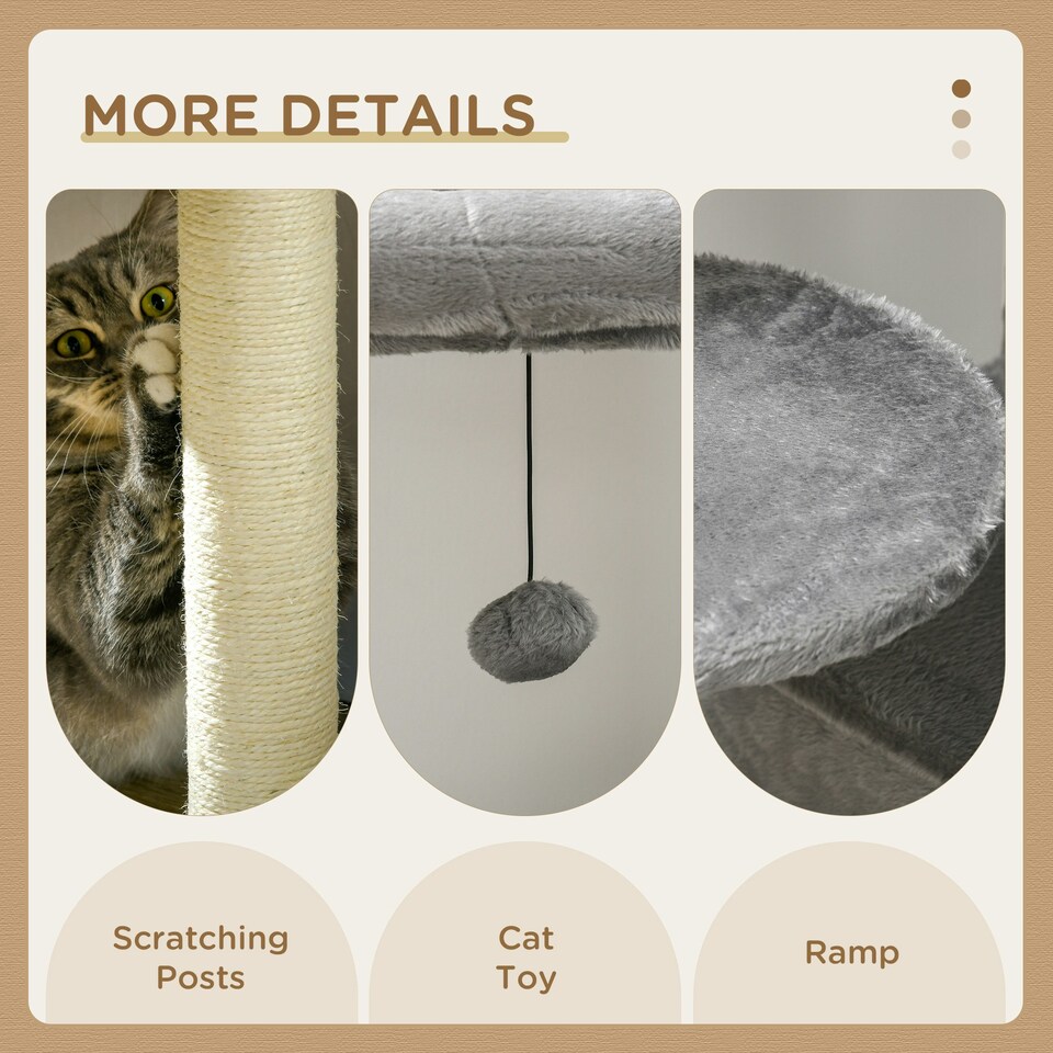 image 1 of PawHut Cat Tree with Scratching Post House Bed Toy for 2 Cats, 148cm, Grey