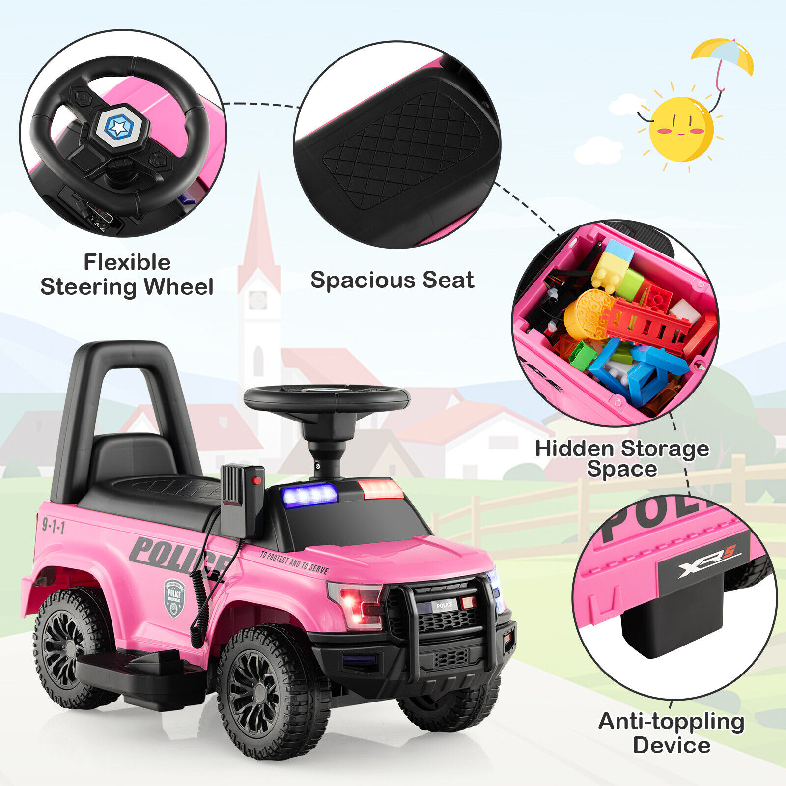 image 1 of COSTWAY Kids Electric Car 6V Powered Police Cars Pink