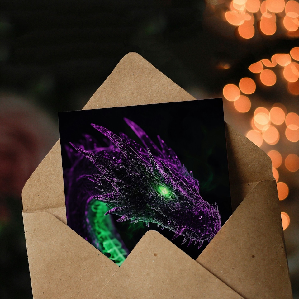 image 1 of Dragon Head Neon Purple Green Fantasy Concept Art Birthday Greeting Card