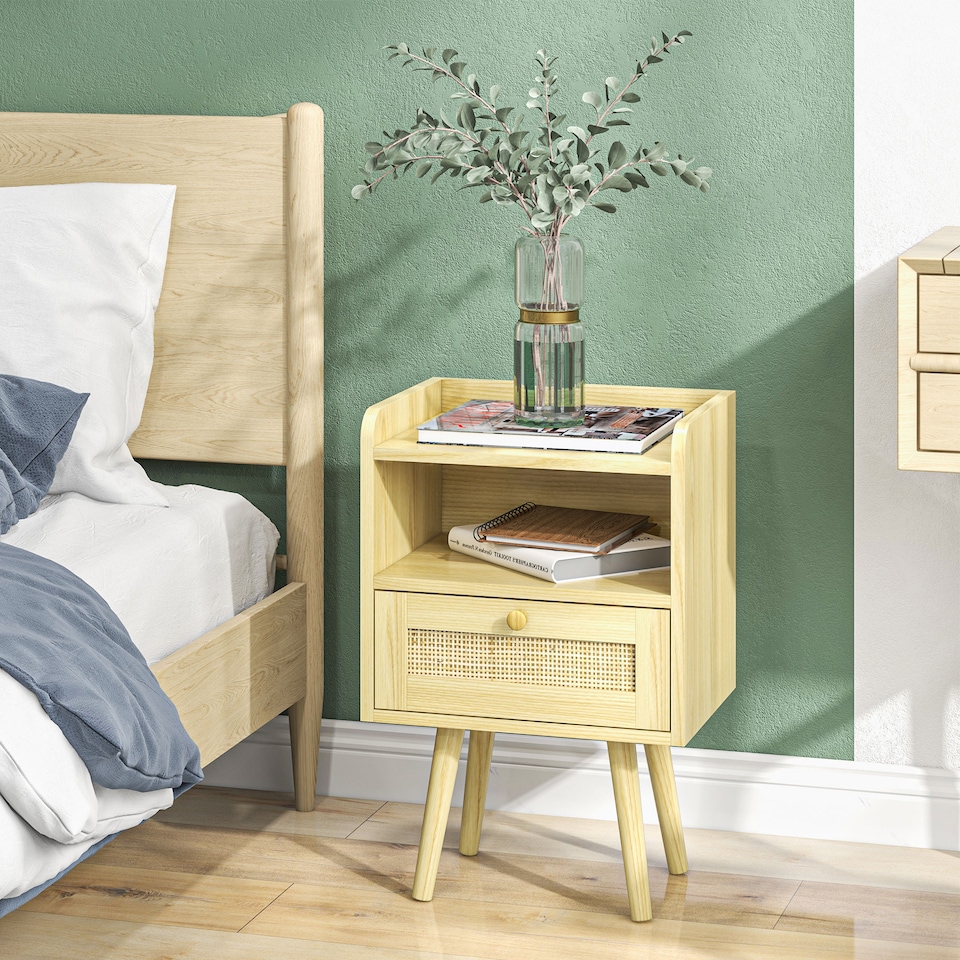 image 1 of HOMCOM Bedside Tables Set of 2, Boho Styled Nightstand with Drawer, Storage Compartment and Rattan Accent, Side End Table for Bedroom, 40 x 30 x 60cm, Natural Wood Finish
