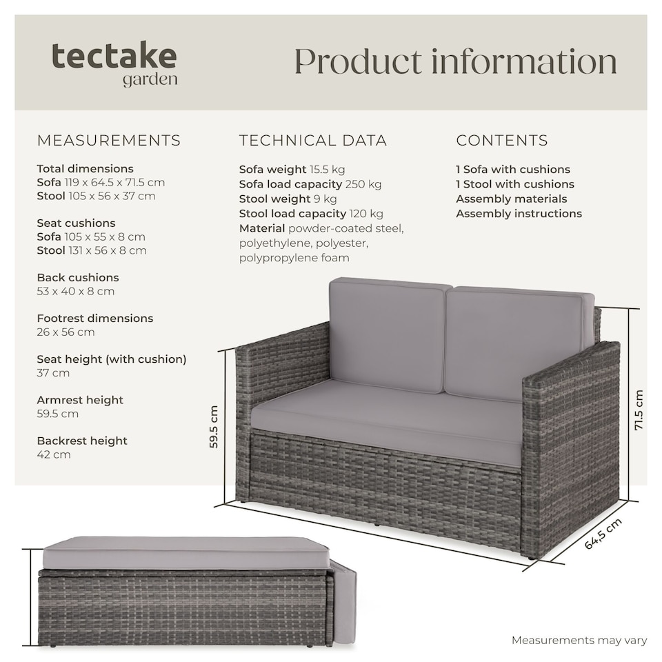 image 1 of Garden Sofa Corfu - 2 seater sofa, stool sun lounger, thick cushions | Grey | grey | 119 x 64,50 x 71,50 cm | 1
