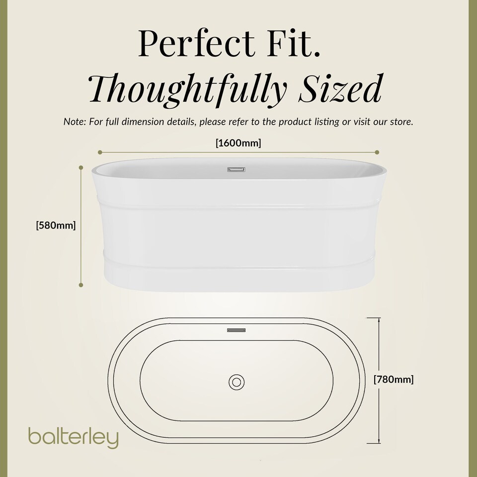 image 1 of Balterley Oval Freestanding Bath with Layered Rim Design: Modern Double-Ended Acrylic Bath | White | White | 1600 x 780 x 580mm