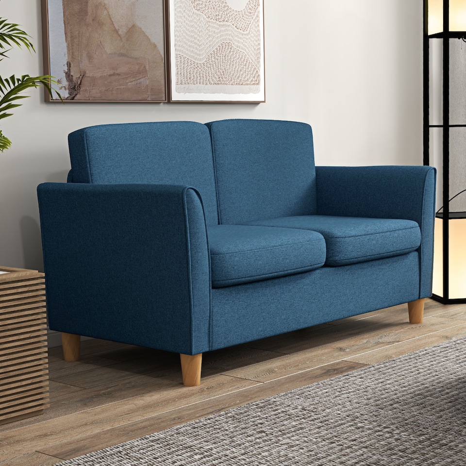 image 1 of HOMCOM 2 Seater Sofa, Compact Loveseat, Linen Upholstered Couch with Wood Legs and Armrest, Small Sofa for Living Room and Home Office Blue