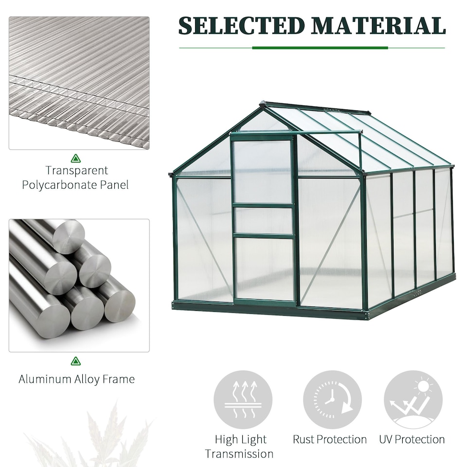 image 1 of Outsunny 6x8ft Walk-In Polycarbonate Greenhouse Plant Grow Galvanized Aluminium | Green | Dark Green | 190x252x201cm