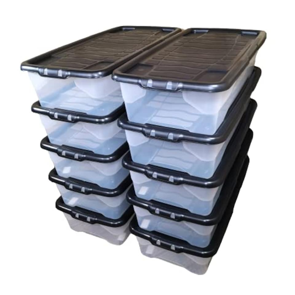 image 1 of 10 x 42L Clear Under Bed Storage Box with Black Lid, Stackable and Nestable Design Storage Solution | White | White