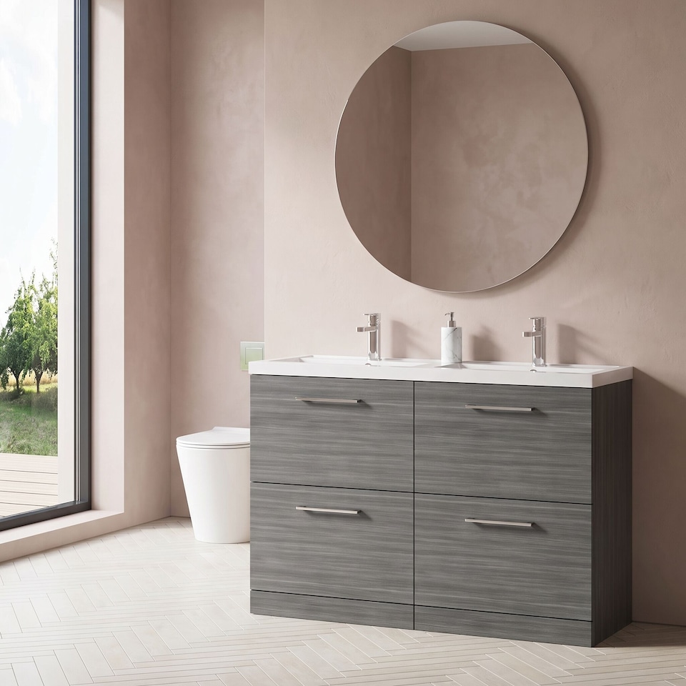 image 1 of Balterley Level Floor Standing 4 Drawer Vanity Unit with Double Basin for Modern Bathroom Storage | Grey | Anthracite Woodgrain