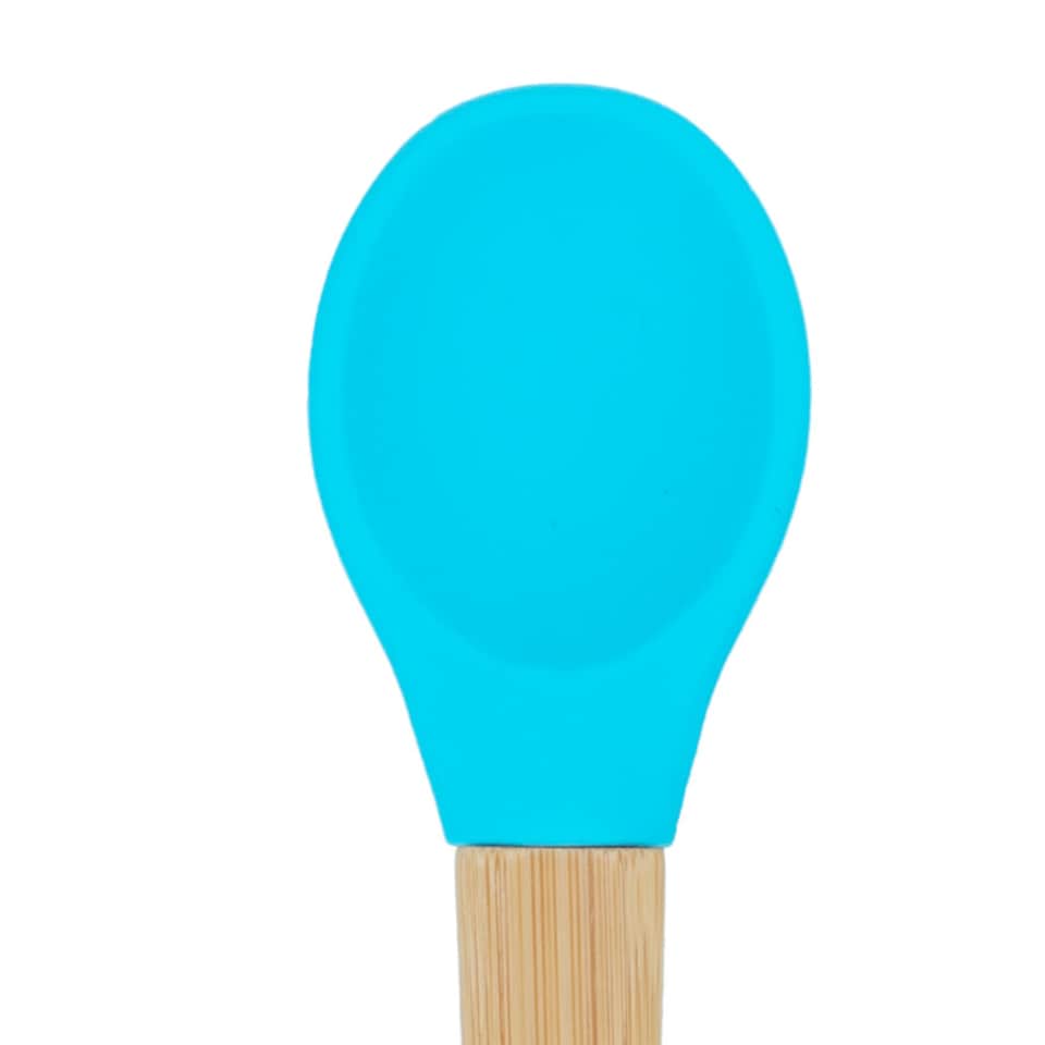 image 1 of Tiny Dining Bamboo Silicone Tip Spoon - Blue - Children's Baby Toddler Soft Curved Feeding Weaning Spoon