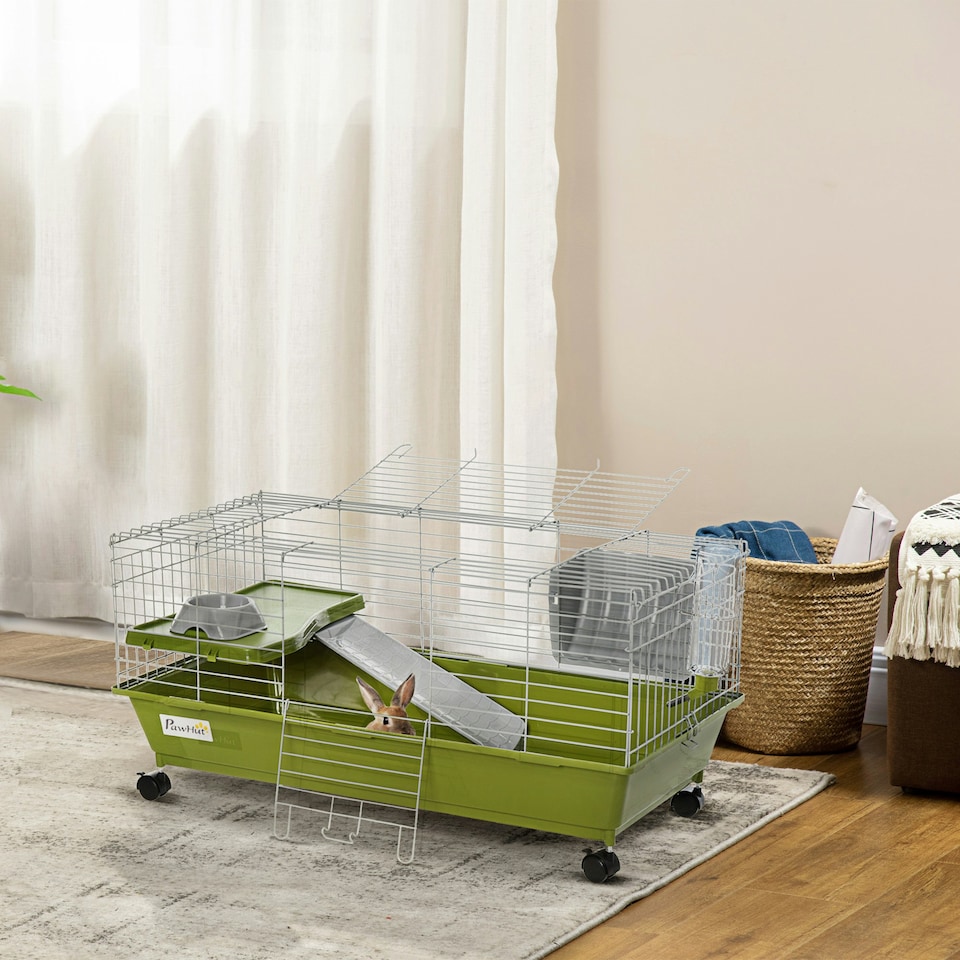 image 1 of PawHut 89cm Small Animal Cage for Rabbit Guinea Pig w/ Food Dish Green