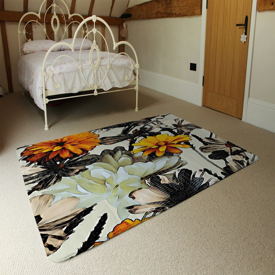 image 1 of Orange Flower Print (Rug) Orange | Small: 60x110cm