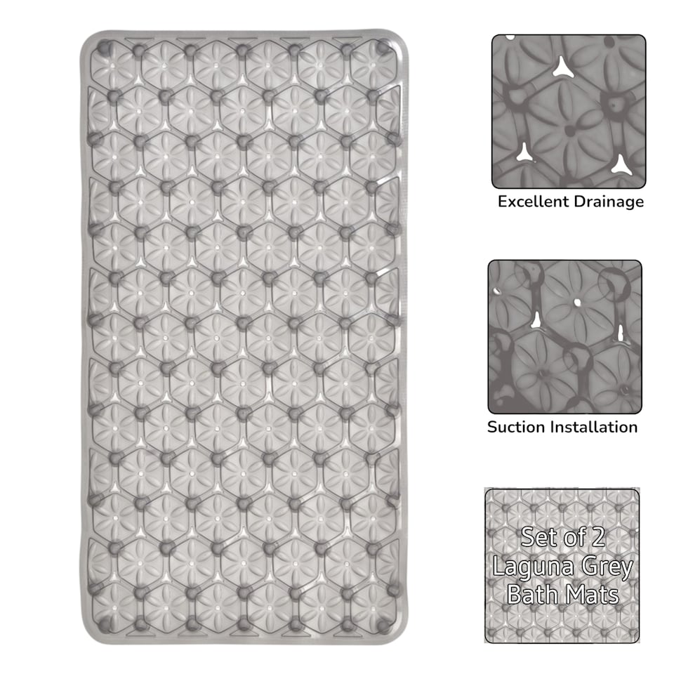 image 1 of Laguna Anti Slip Grey PVC Bath Mat 68cm x 37cm - 2 Set | Grey | Grey | 2