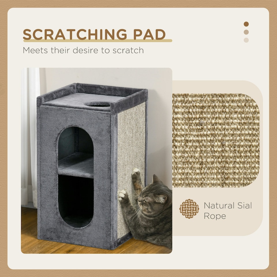 image 1 of PawHut 2-Tier Cat House with Scratching Pad Plush, 81cmH, Grey