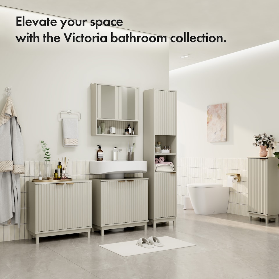 image 1 of VonHaus Victoria Stone Under Sink Bathroom Cabinet with Fluted Texture Doors