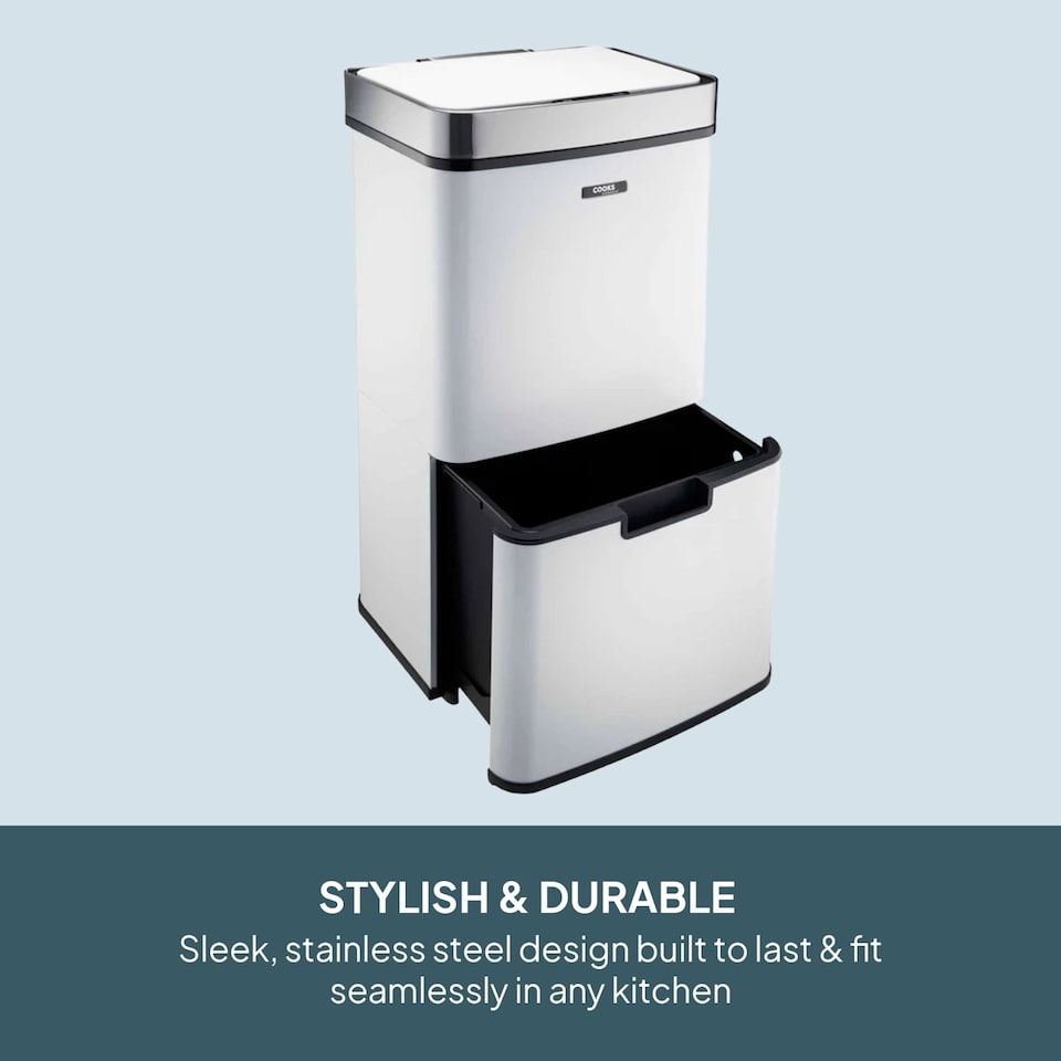 image 1 of Cooks Professional Recycling Sensor Bin 75L with Dual Compartments & Food Caddy | White | White & Silver