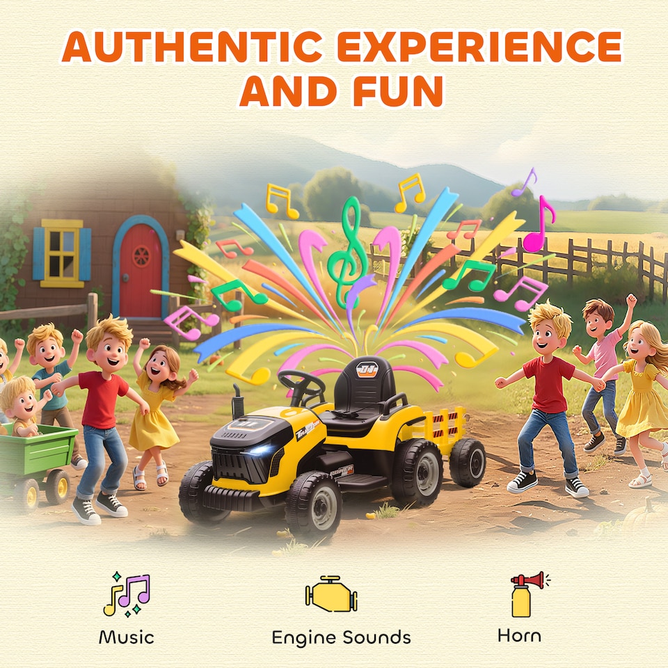 image 1 of AIYAPLAY Ride on Tractor with Trailer, 12V Electric Vehicle with Remote Control, Ride on Car for Kids with Music, Shifter, Start-Up Sound for Ages 3-8 Years | Yellow