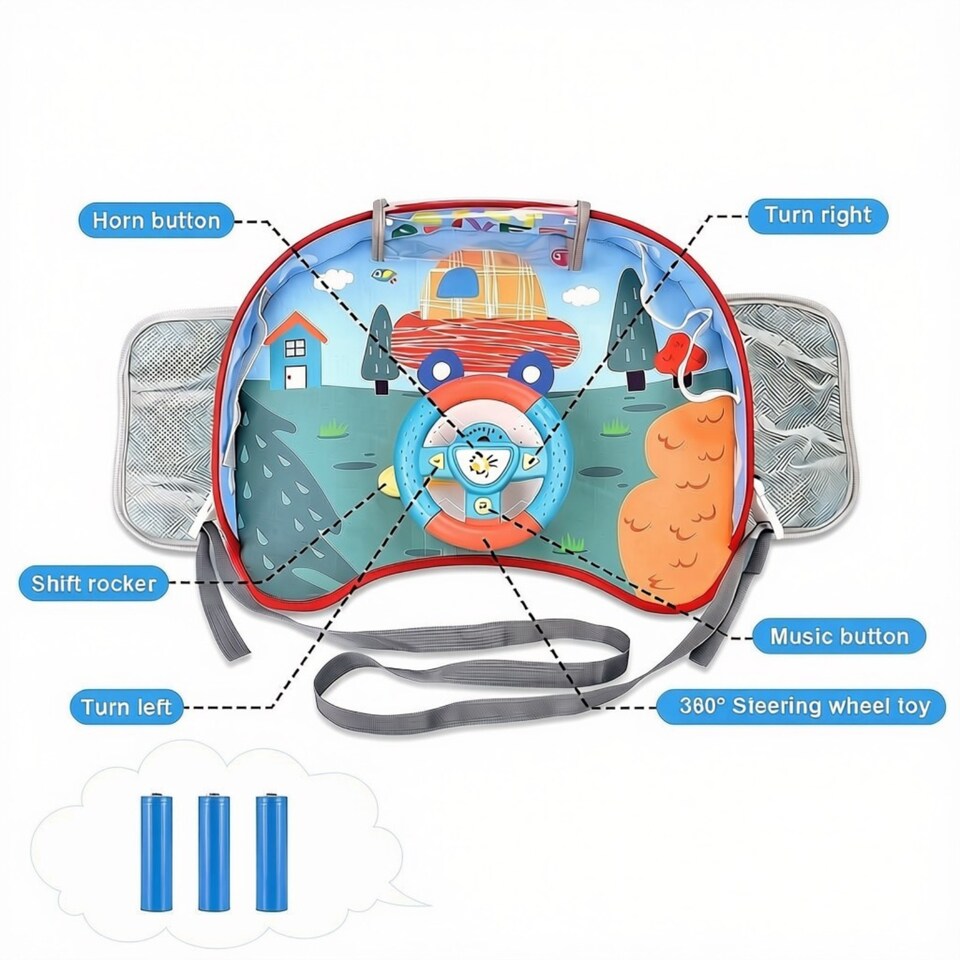 image 1 of Kids Steering Wheel Toy with Lights & Music – Interactive Car Seat Driving Simulation Toy with Horn, Gear Shift & Travel Strap