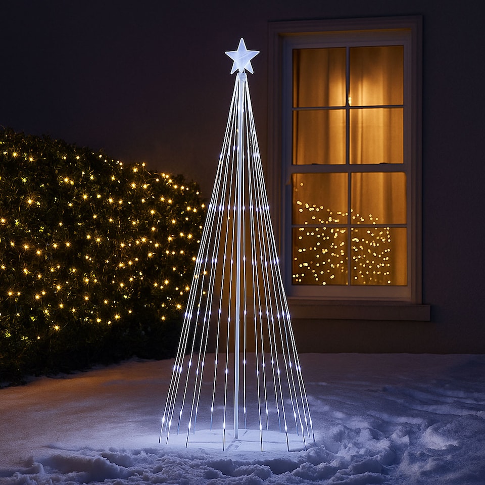 image 1 of Neo White Waterfall LED Outdoor Christmas Tree Light Cascading Star Tree with 5m Lead Multi Function Modes Garden & Patio 4ft 6ft 8ft 10ft Foot Feet | White | Multi White