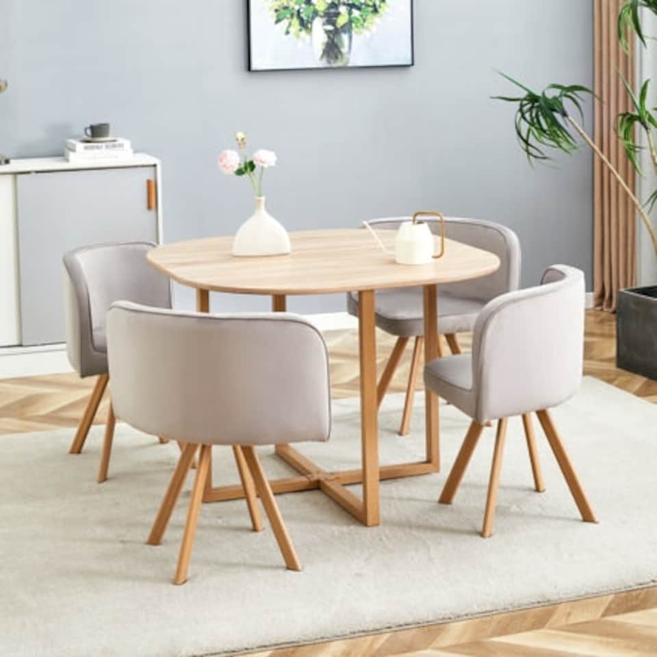 image 1 of Space Saving Dining Table with 4 Velvet Chairs Set, Dining Room Furniture Grey