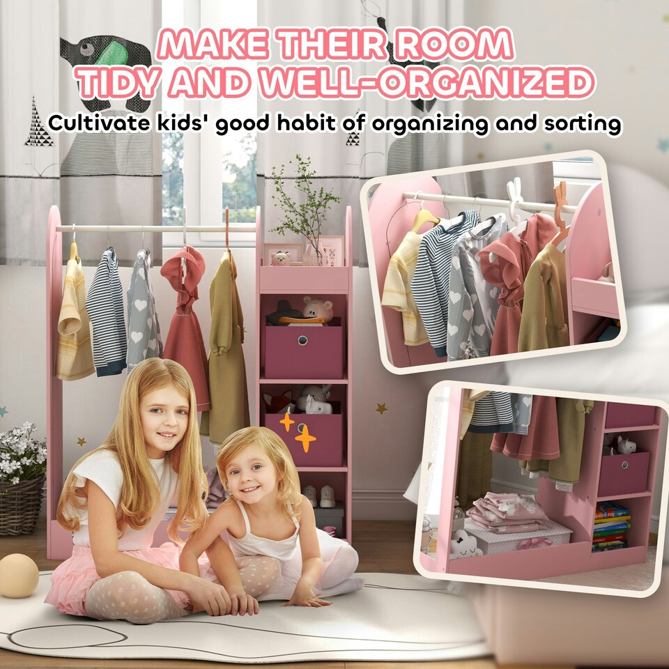 image 1 of AIYAPLAY Kids Clothes Rail with Storage Shelf, Boxes, Mirror, White