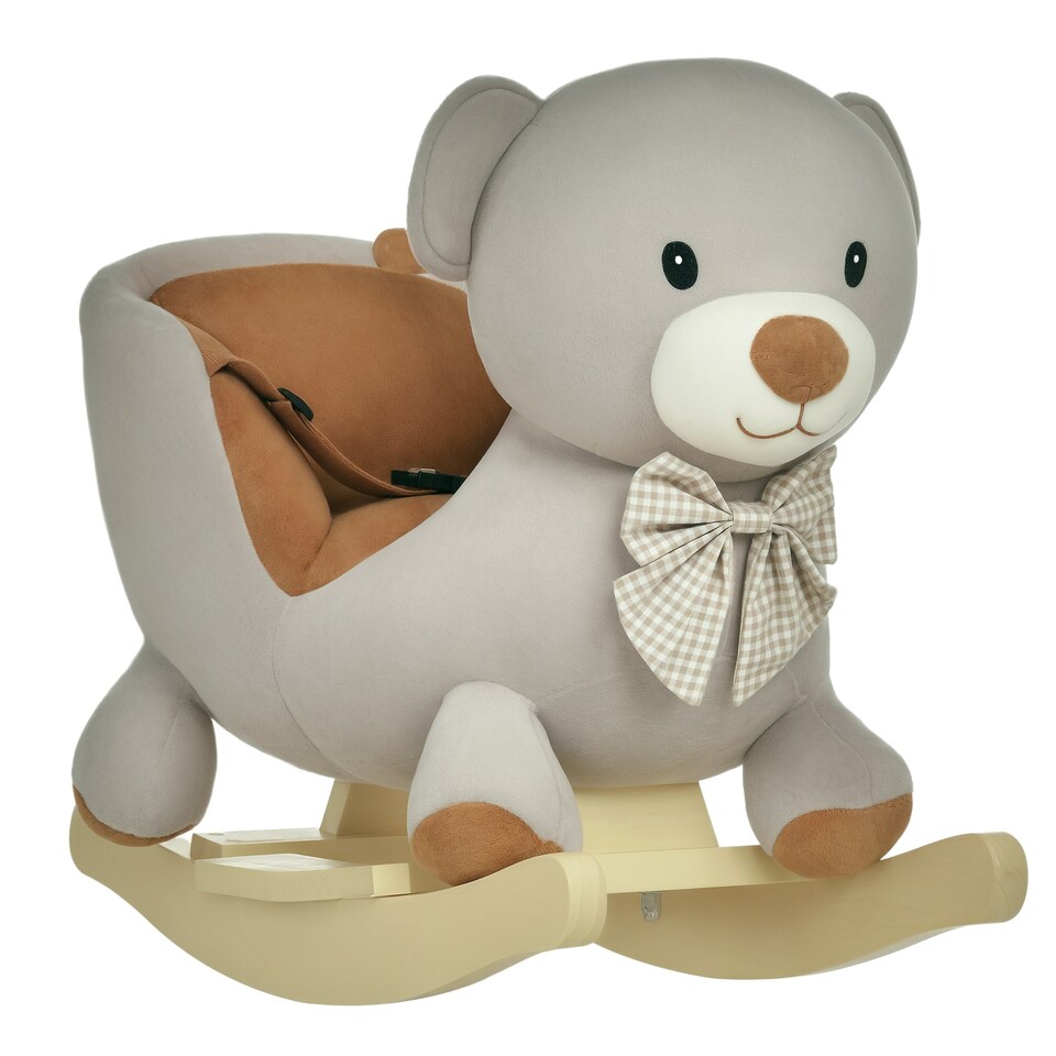 image 1 of HOMCOM Kids Rocking Bear Plush Ride On Seat w/ Sound Button Wood Base Seat Belt