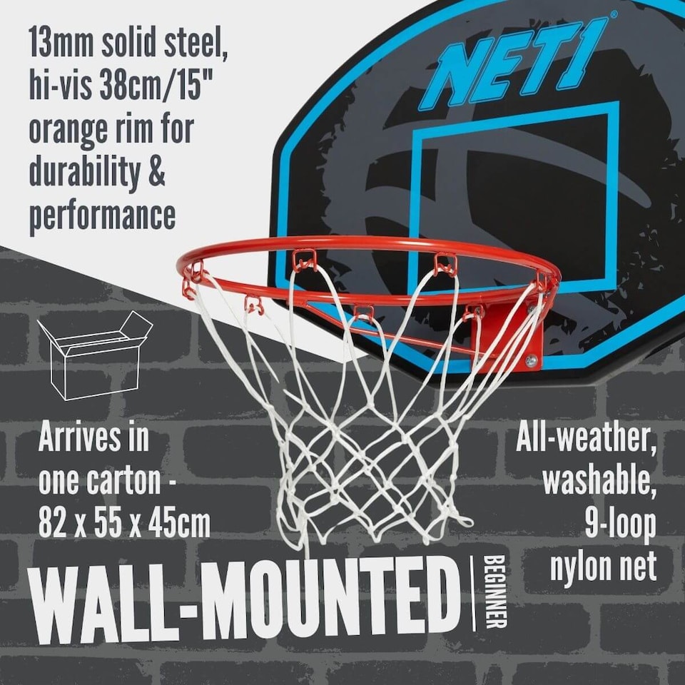 image 1 of NET1 Arena 76 x 51 cm Wall-Mount Basketball Backboard with 38 cm Solid Steel Hoop | Multi | 4396
