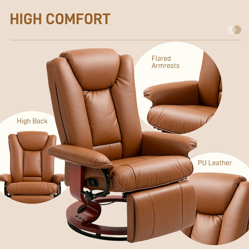 image 1 of HOMCOM PU Leather Reclining Armchair with Footrest for Living Room, Brown