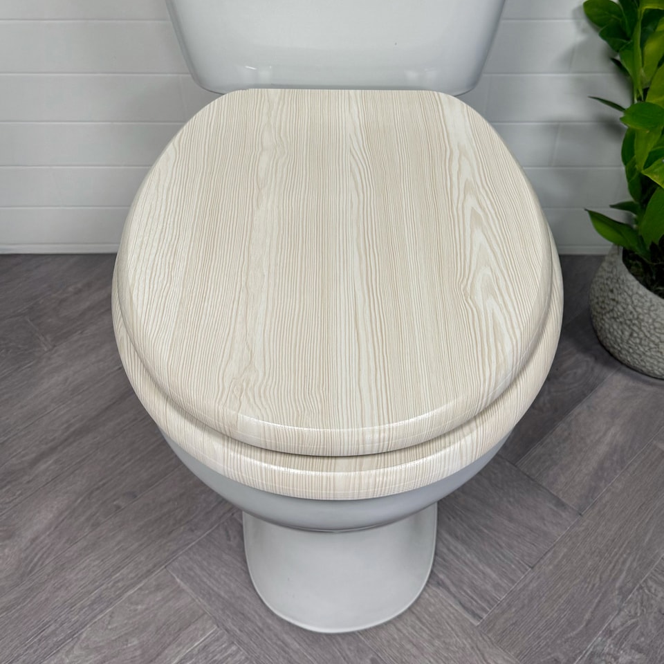 image 1 of Showerdrape Oxford White Oak Wooden Toilet Seat | White | 1