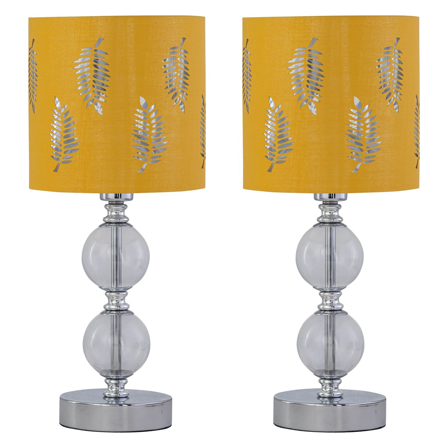 First Choice Lighting Set of 2 Chrome Two Ball Table Lamps with Ochre Mustard Fern Shades in Silver