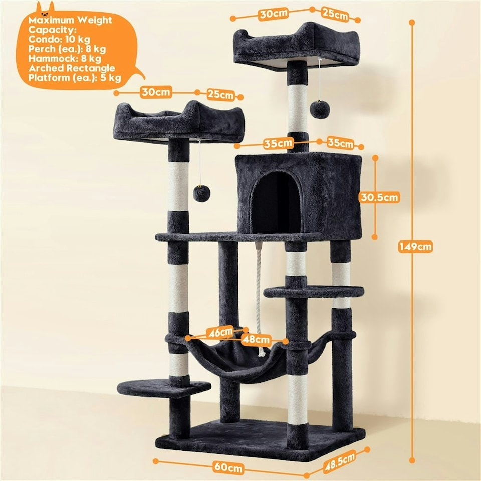 image 1 of Yaheetech 149 cm Multilevel Cat Tree with Plush Perch Black