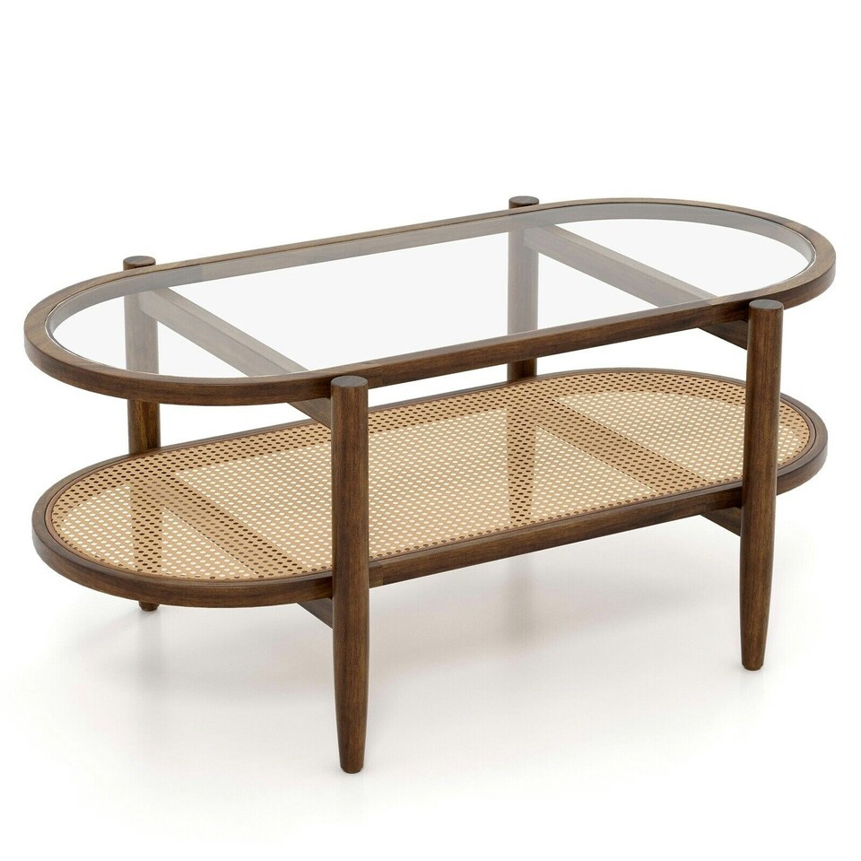 image 1 of COSTWAY 2-Tier Coffee Table Rattan Center Cocktail Tea Table Brown