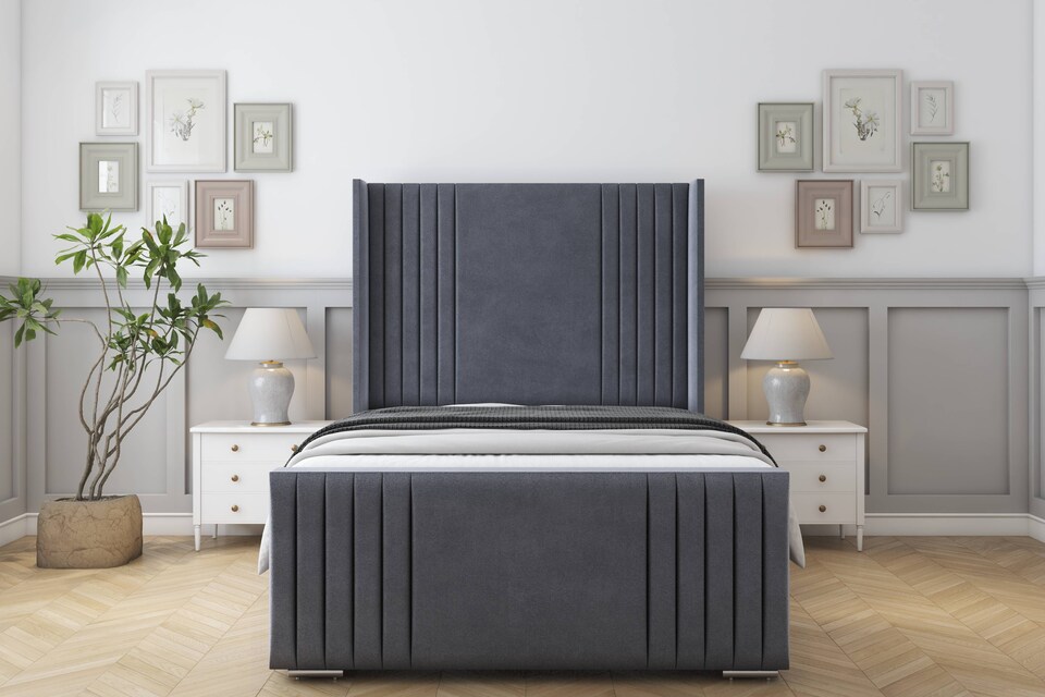image 1 of Sloomy Camden Steel Plush Bed Frame With Mattress With 50"  Upholstered Wingback Headboard 5' King