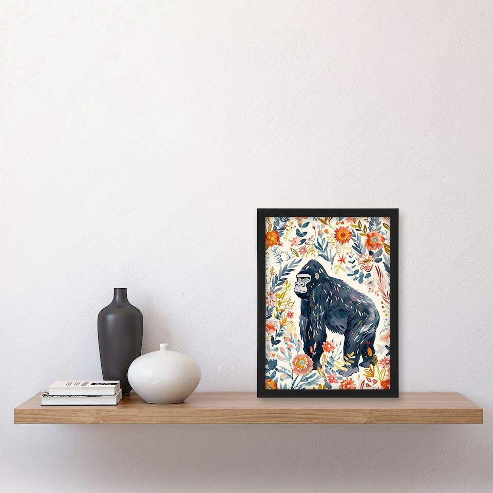 image 1 of Gorilla Ape with Wildflowers Floral Watercolour Black Framed Wall Art Print A4