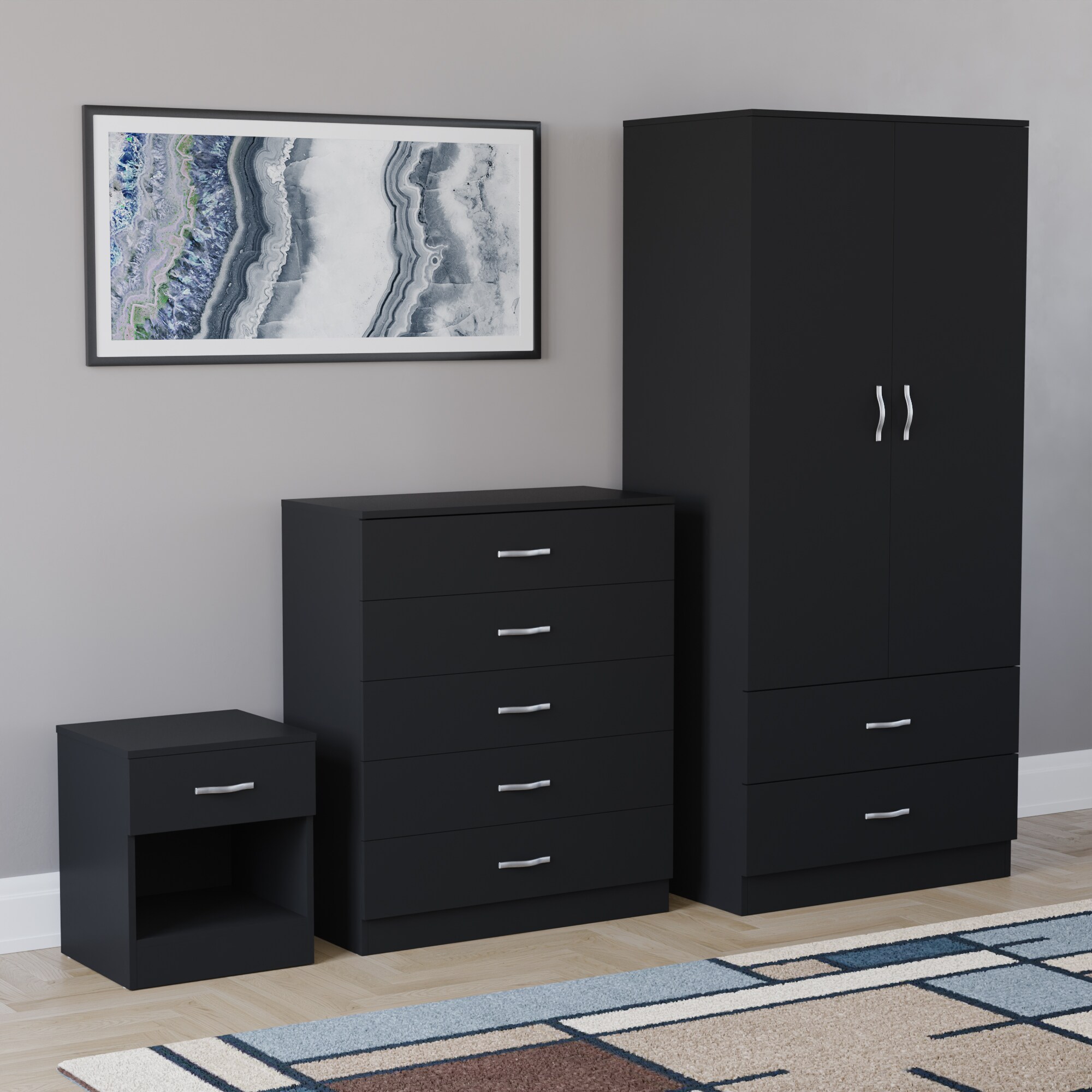 Vida Designs Riano 3 Piece Bedroom Set (1 Drawer Bedside Chest, 5 Drawer Chest, 2 Door 2 Drawer Wardrobe) - Black