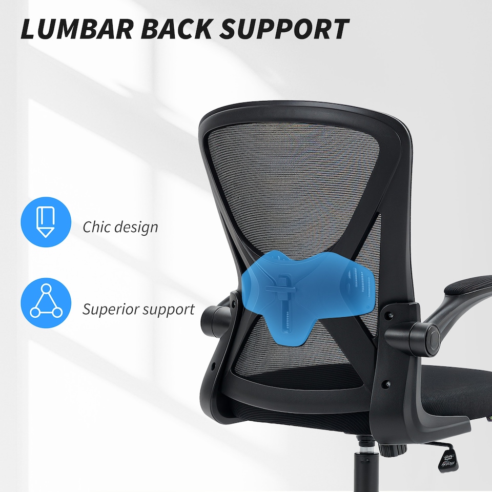 image 1 of Vinsetto Ergonomic Mesh Office Chair with 90 Flip-up Armrests and Lumbar Support, Height Adjustable Computer Chair with Swivel Wheels, Black