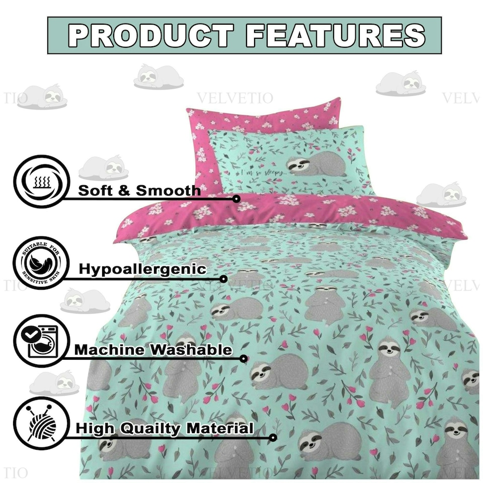 image 1 of VELVETIO Kids Sleepy Sloth Duvet Cover Set Soft Polycotton Beddings Multi | Single