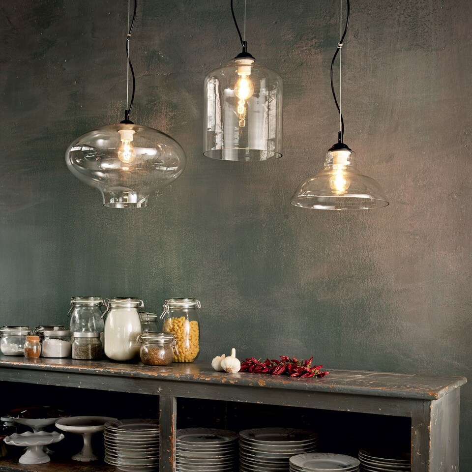 image 1 of Bistro 1 Light Dome Ceiling Pendant Black Clear Blown Glass Square, E27