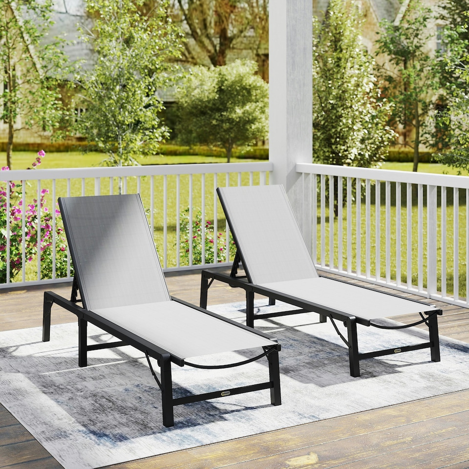 image 1 of Outsunny Folding Sun Lounger Set of 2, 5-Position Reclining Sun Bed | Grey