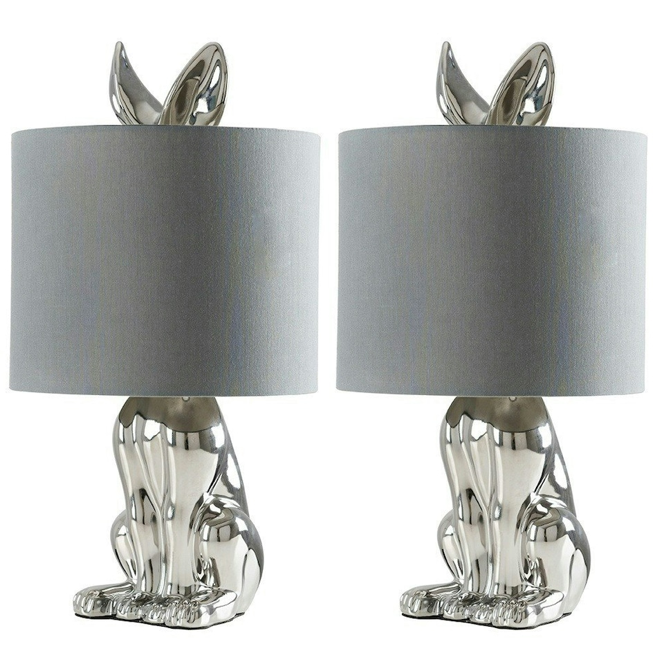 image 1 of ValueLights Lepus Pair of Modern Chrome Ceramic Rabbit/Hare Table Lamps with Grey Shade - Complete with 4w LED Bulbs 3000K