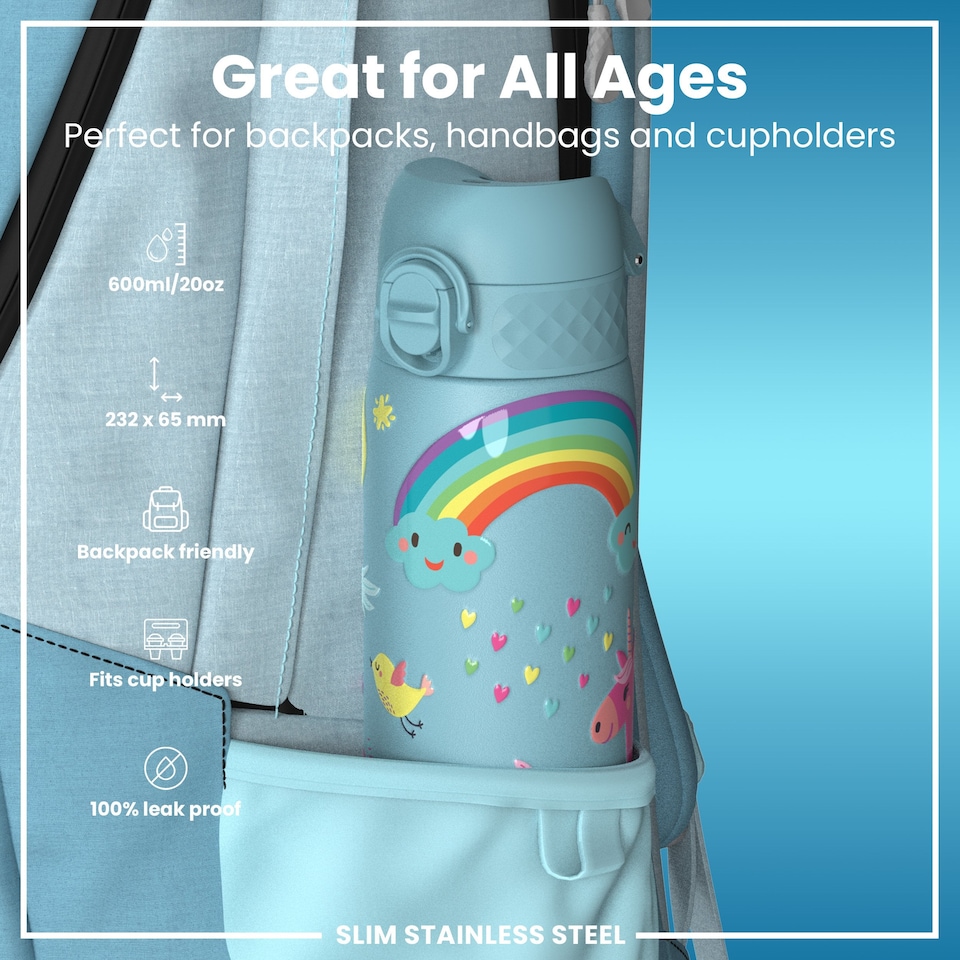 image 1 of Leak Proof Slim Water Bottle, Stainless Steel, 600ml (20oz) | Blue | Unicorns Blue | One Size