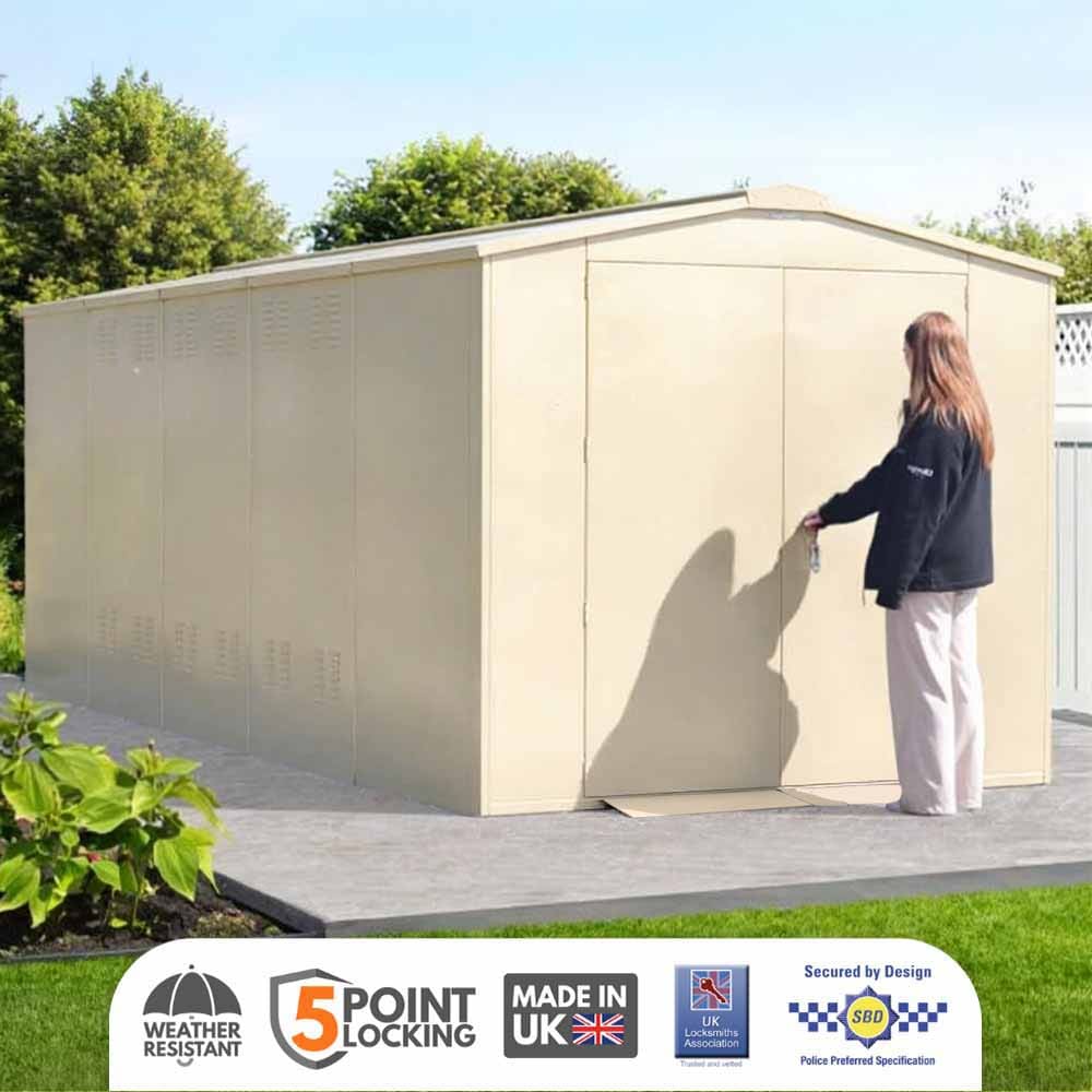 ASGARD Gladiator Secured by Design High Security metal garden shed in CREAM with full metal floor and 5 point locking (7 x 18)