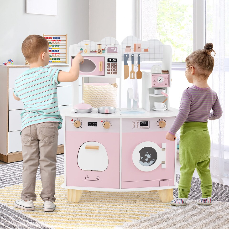 image 1 of COSTWAY Wooden Kids Kitchen Playset Pretend Play Kitchen With  Coffee Maker-Pink