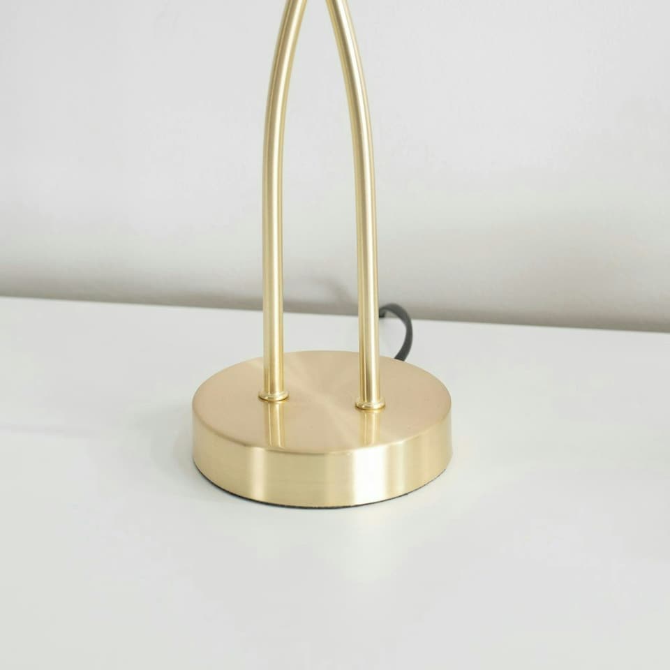 image 1 of ValueLights Maya Brushed Gold 2 Way Curved Cross Over Reed Shaded Table Lamp