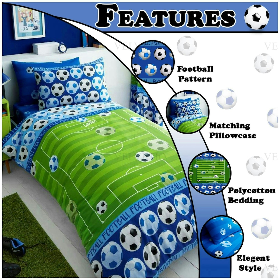 image 1 of VELVETIO Goal Duvet Cover Set Luxury Reversible Kids Printed Beddings Blue | Single