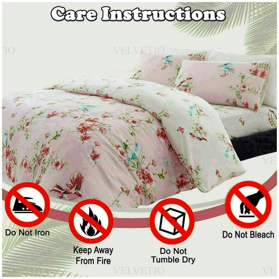 image 1 of VELVETIO Birdie Blossom Printed Duvet Cover Set Reversible Polycotton Beddings Pink | Double