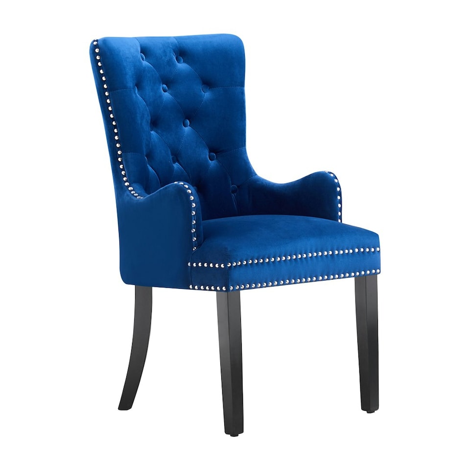 image 1 of Single Velvet Dining Chair with Armrest, Ergonomic Scoop Knockerback & Button Tufted Wood Legs Blue